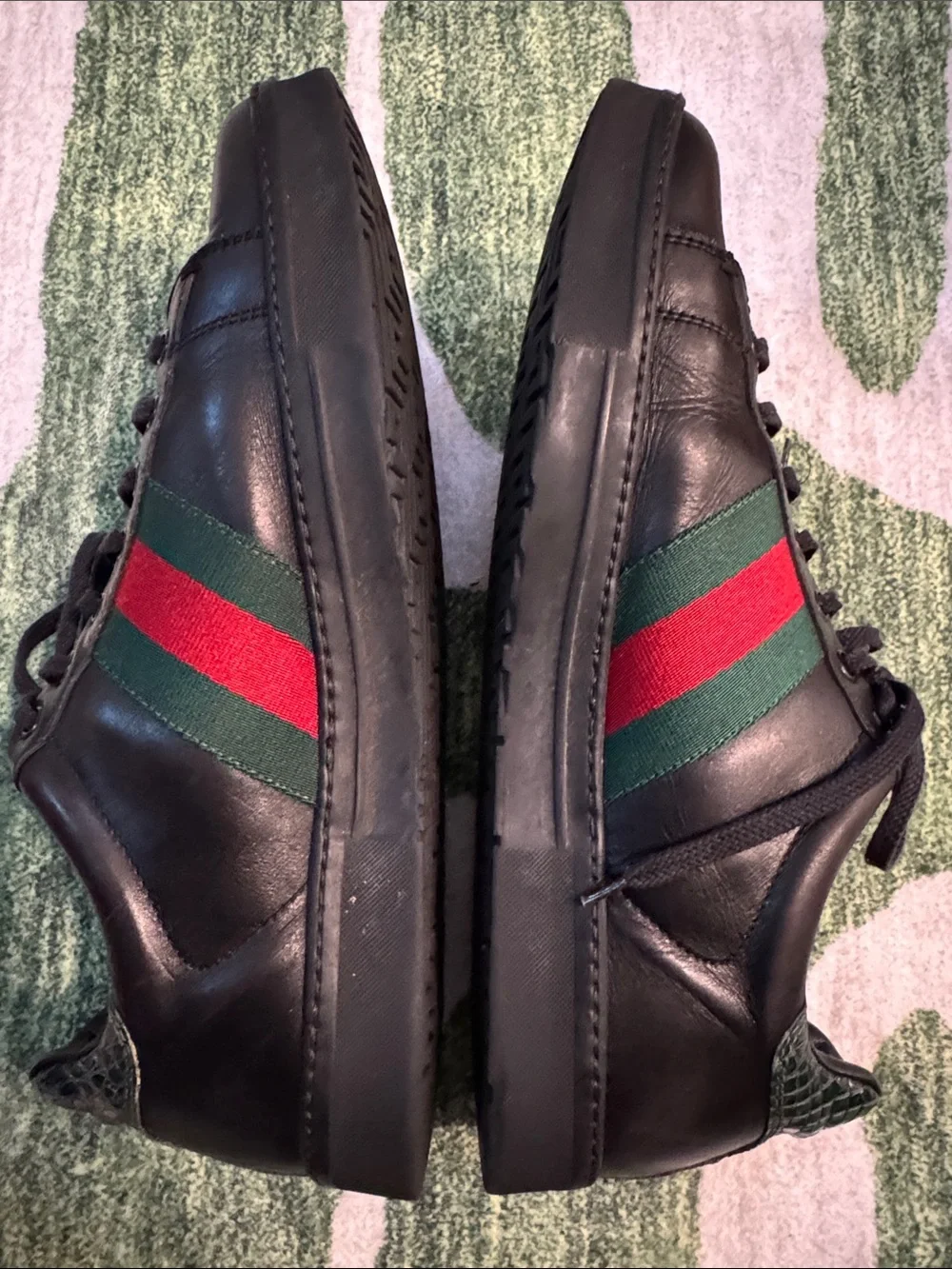 Gucci Black Leather Sneakers with Green and Red Web Stripe